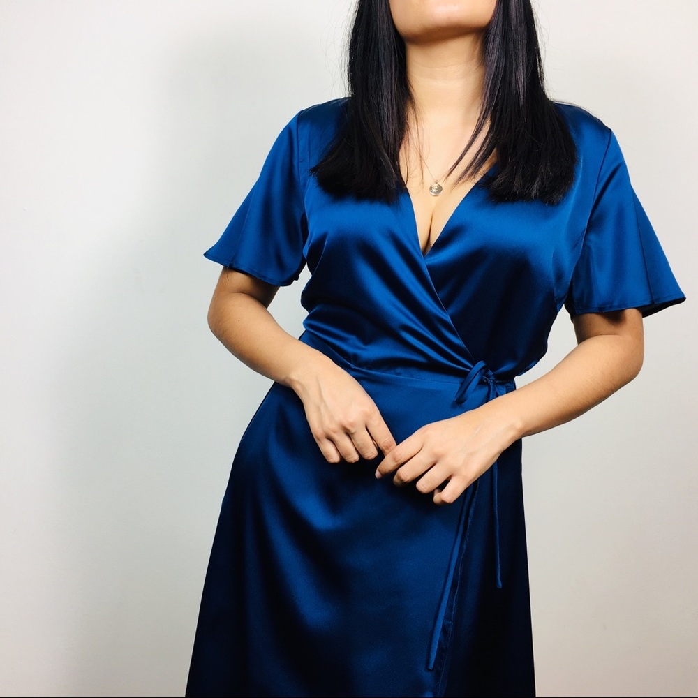 J.O.A. Satin Wrap Navy Blue Dress, size M